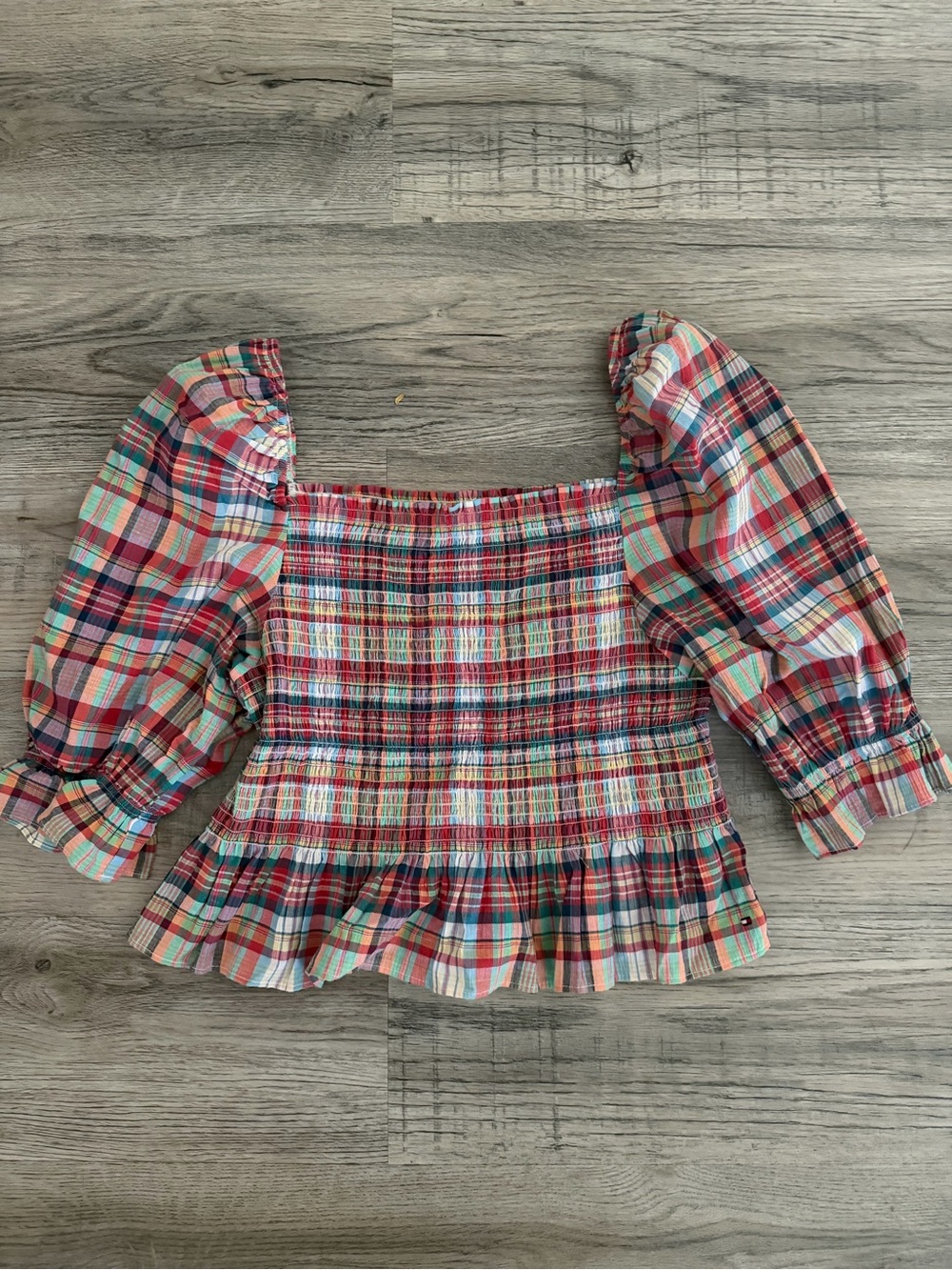 Tommy Hilfiger Plaid Puff-Sleeve Top - Red Multi